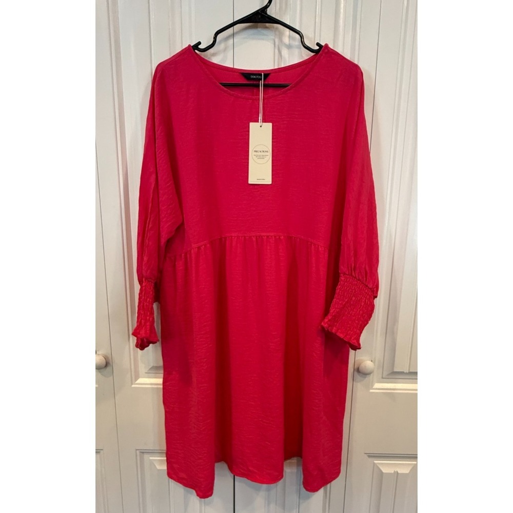 NWT Dokotoo Women's Hot Pink Babydoll Mini Dress Smocked Cuffs Boho Size Large